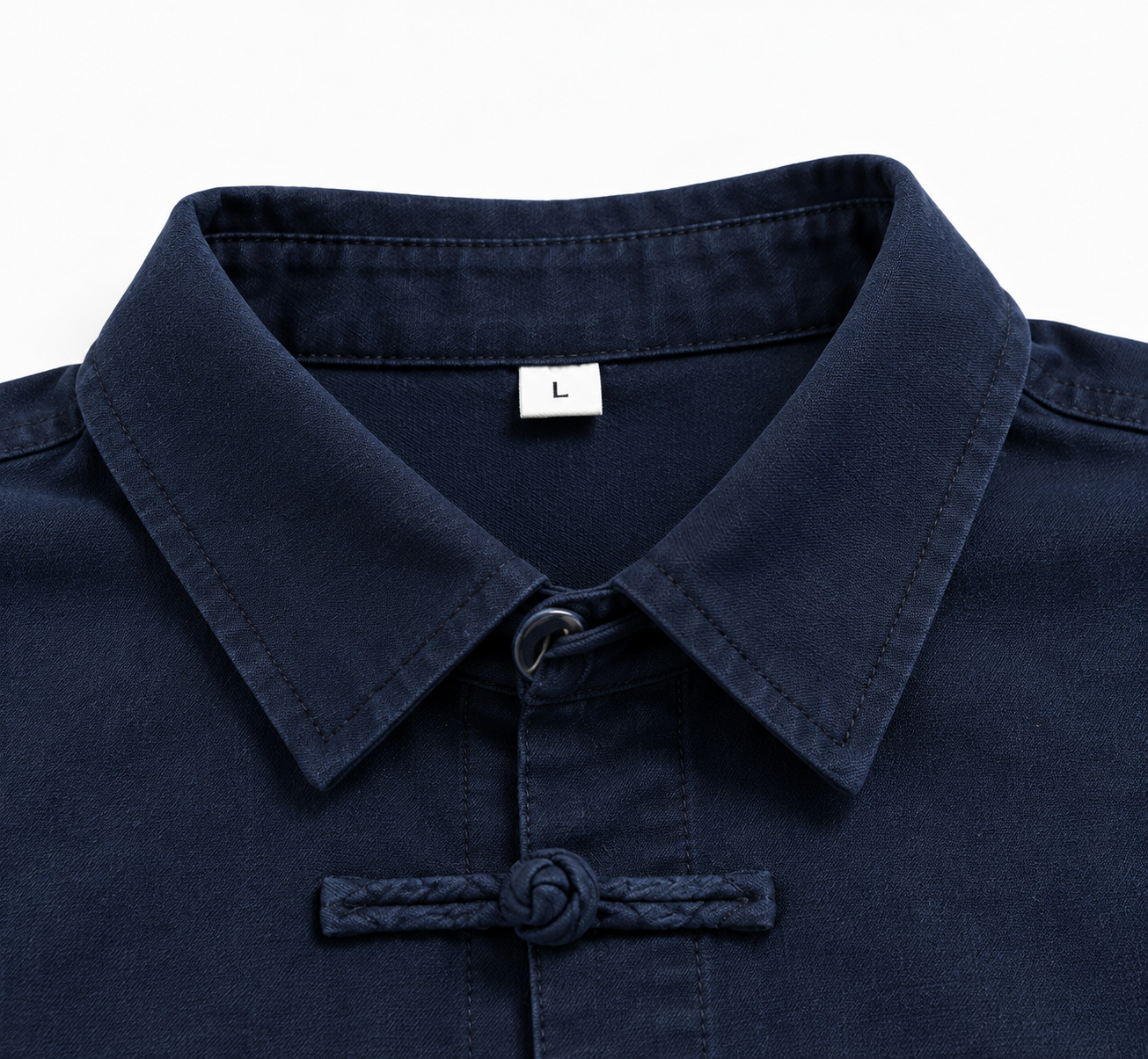 Frog button collar detail on custom patchwork shirt